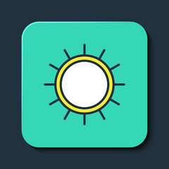 Filled outline Sun icon isolated on blue background. Turquoise square button. Vector