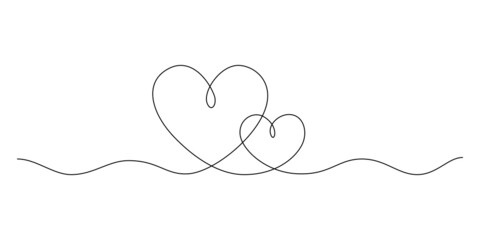 One continuous drawing of two hearts and love signs. Thin curls and romantic symbols in simple linear style. Minimalist Editable stroke. Vector doodles illustration