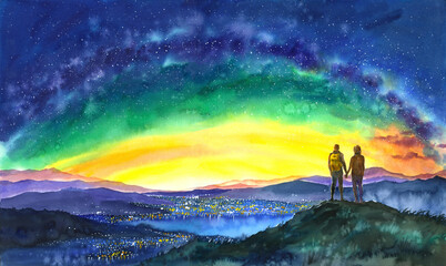 Watercolor Painting - Young Couple staring at milky-way on mountain top