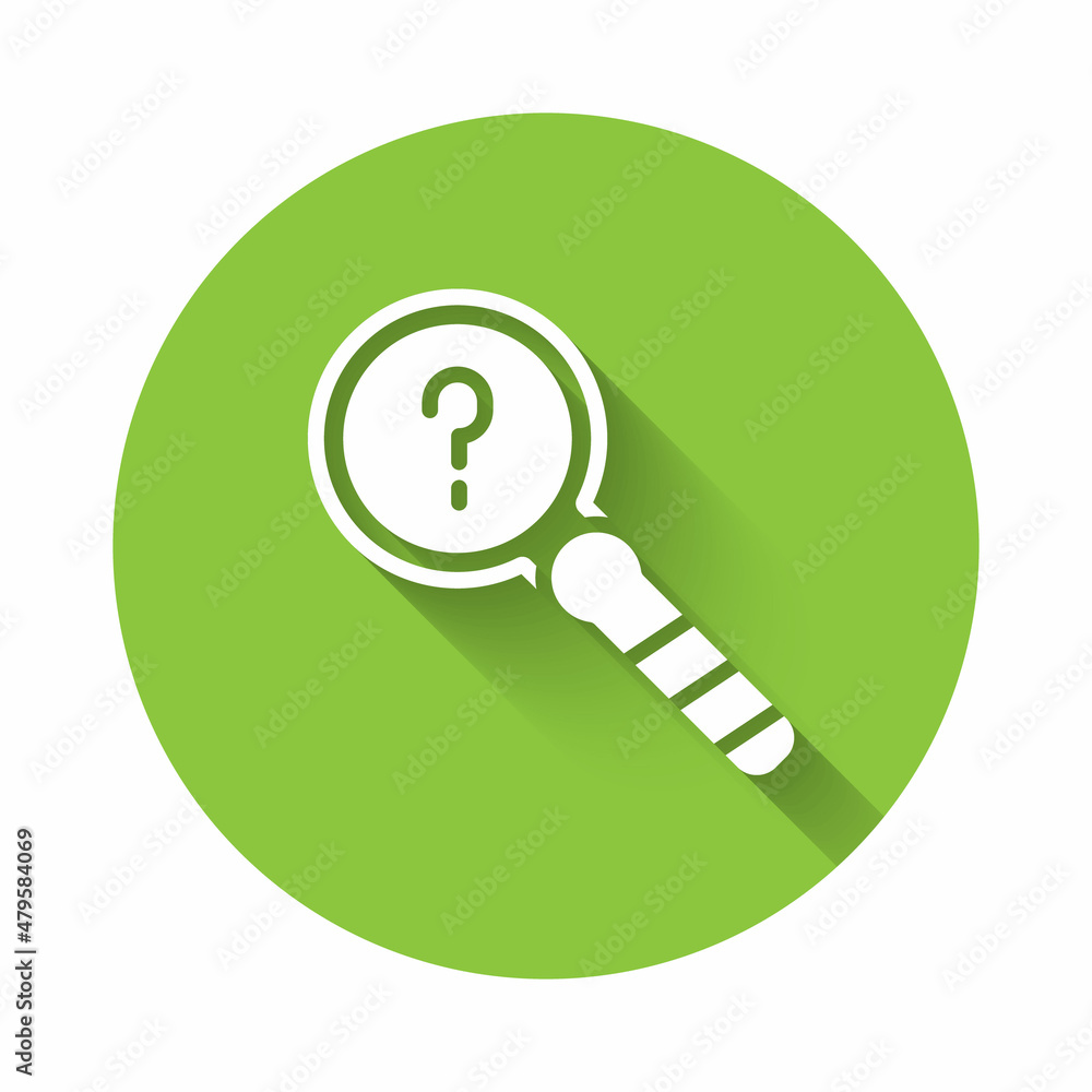 Poster white unknown search icon isolated with long shadow. magnifying glass and question mark. green circl