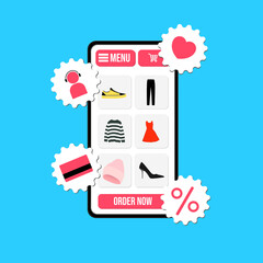 Design of online-store. Smartphone with order, credit card, discount, goods.