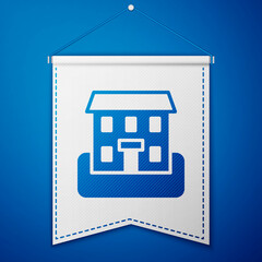 Blue School building icon isolated on blue background. White pennant template. Vector