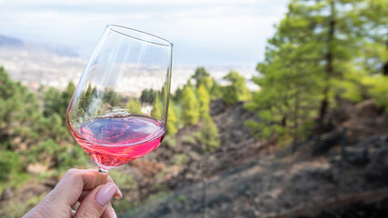 Femle hand holding glass with rose wine  against the forest pine trees. Exotic Hight altitude wine tasting experience.Large image for banner