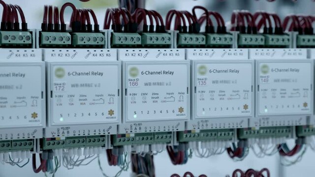 Many wires enter to relay modules with high inrush currents for lighting control, general-purpose load switching. Designed for industrial and home automation systems. Shot in motion. Closeup