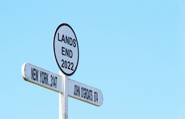 Signpost at Land`s End Cornwall UK. Land's End to John o' Groats is the traversal of the whole...