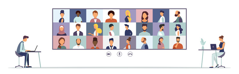 Online Virtual Meetings. Work from Home WFH During Coronavirus COVID-19 Pandemic Outbreak. Teleconference TV. Video Conference Webinars or Remote Working. Vector.