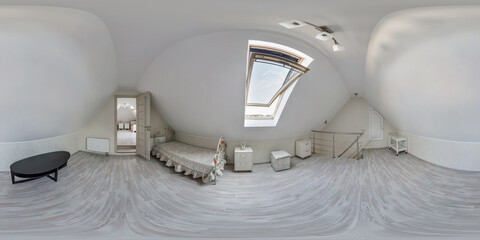 Full spherical seamless hdr 360 panorama in equirectangular projection in interior bedroom in modern flat apartments with mansard, VR content