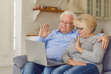 Happy grandparents staying home but keeping in touch with children and grandchildren. Smiling...