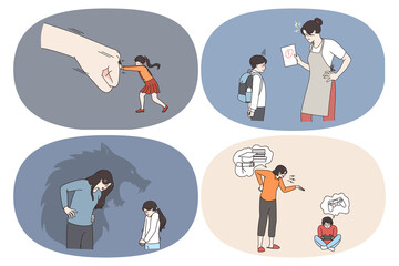 Home abuse and harassment concept. Set of afraid scared children kids feeling stressed of parents fight and punishment trying to reject power and pressure at home vector illustration 