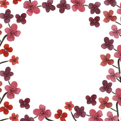 
square frame with sakura,red and blue flowers along the contour,for invitations and postcards