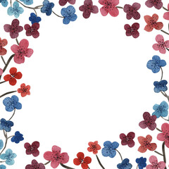 
square frame with sakura,red and blue flowers along the contour,for invitations and postcards