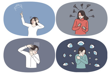 Fear panic shock and pressure concept. Set of young people touching head seeing ufo feeling frustrated and under public opinion pressure vector illustration 