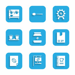 Set Coffee jar bottle, Street signboard coffee, book, Bag beans, poster, cup to go, Medal for and machine icon. Vector