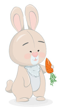 Cartoon Happy Chubby Pink Bunny With Carrot