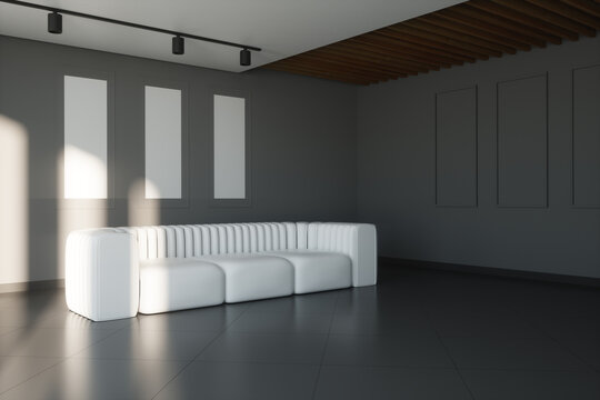 Modern living room design with gray walls and a white large sofa. 3D illustration, 3D render.
