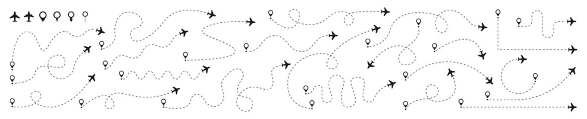 Airplane routes set. Plane paths. Aircraft tracking, planes, travel, map pins, location pins. Vector illustration.