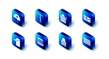 Set Pickaxe, Slot machine, Stacks paper money cash, American flag, Rocket launch from the spaceport, Burger, Eagle head and Military helmet icon. Vector