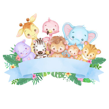 Cute animals with blank blue ribbon banner. Watercolor and vector illustration. 