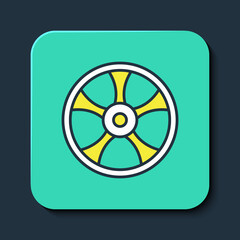Filled outline Alloy wheel for car icon isolated on blue background. Turquoise square button. Vector