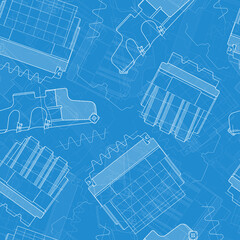 Mechanical engineering drawings on blue background. Cutting tools, milling cutter. Technical Design. Cover. Blueprint. Seamless pattern. Vector illustration.