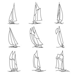 Set of simple vector images of sailing ships on waves drawn in line style.