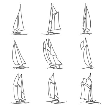 Set of simple vector images of sailing ships on waves drawn in line style.