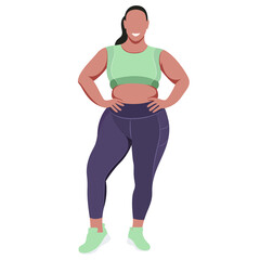 vector illustration a plus size girl in a sports uniform (leggings and a sports bra) trains, does fitness in a good mood isolated on a white background. useful for advertising sports studios, programs