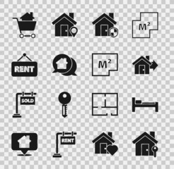 Set House with key, Bed, Sale house, under protection, Real estate message, Hanging sign Rent, Shopping cart and plan icon. Vector