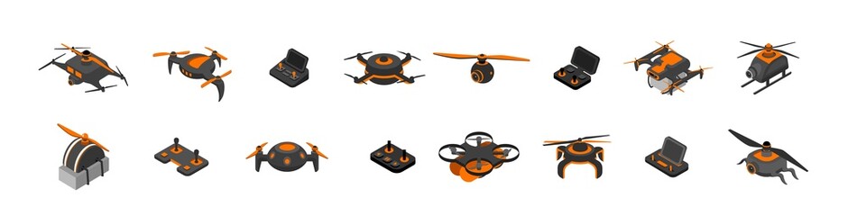 Isometric drones. Cartoon 3D aerial vehicle, isolated unmanned aviation copters, delivery fire police and user drones. Vector set