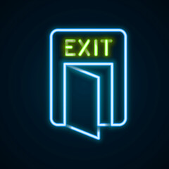 Glowing neon line Fire exit icon isolated on black background. Fire emergency icon. Colorful outline concept. Vector