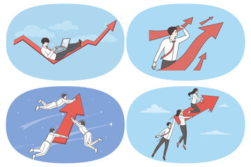 Development and success of business strategy concept. Set of young determined businessmen colleagues enjoying development working as team together feeling positive with arrows vector illustration 