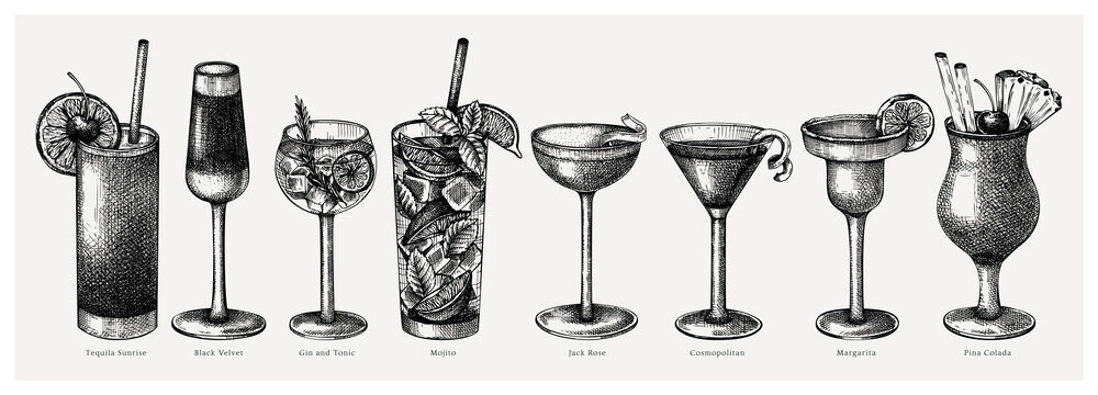 Hand-sketched cocktail illustrations set. Vector sketch of alcoholic drinks in an elegant glasses. Popular alcohol cocktails hand-drawing for bar or restaurant menu isolated on white