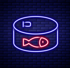 Glowing neon line Canned fish icon isolated on brick wall background. Colorful outline concept. Vector
