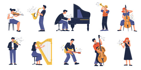 Musician. Cartoon people playing on musical instruments, jazz and symphony orchestral musicians performance. Vector isolated set