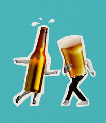 Dancing beer bottle and glass on human legs. Contemporary art collage. Concept of festival, drinks...