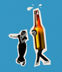 Dancing woman and man in costume of beer bottle. Contemporary art collage. Concept of festival,...