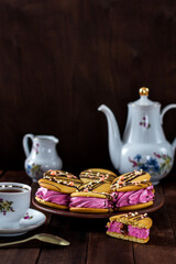 tender marshmallow with cookies, tea party in a rustic style on a wooden table