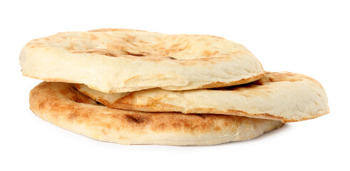 Loaves of delicious fresh pita bread on white background