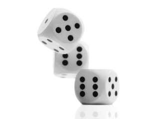 Playing dice for gambling and tabletop games, flying in air, poker isolated on white background, clipping path