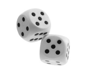 Playing dice for gambling and tabletop games, flying in air, poker isolated on white background, clipping path