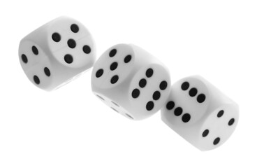 Playing dice for gambling and tabletop games, flying in air, poker isolated on white background, clipping path