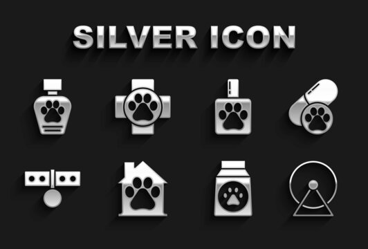 Set Pet house, Dog pill, Hamster wheel, Bag of food, Collar with name tag, shampoo, and Veterinary clinic icon. Vector