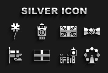 Set Flag of England, Bow tie, London eye, Big Ben tower, flag flagpole, Great Britain, Four leaf clover and icon. Vector
