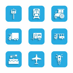 Set Rv Camping trailer, Plane, Scooter, Bus, Boat with oars, Delivery cargo truck, Tractor and Road traffic signpost icon. Vector