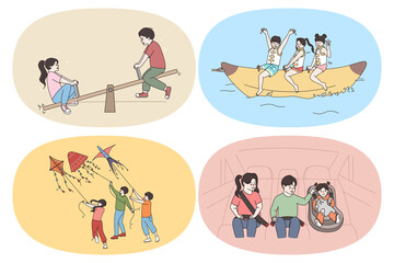 Leisure active time and happy childhood concept. Set of happy excited cheerful kids children riding on swings water banana flying kites and traveling in car vector illustration