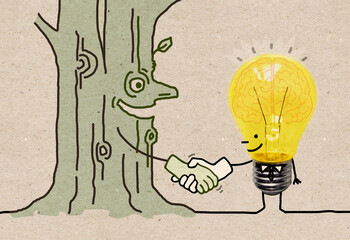 Cartoon Light Bulb Shaking Hand with a smiling Tree Trunk