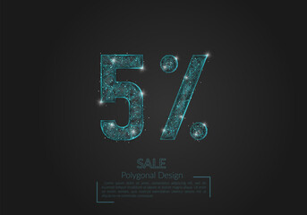 Abstract isolated blue 5 percent sale concept. Polygonal illustration looks like stars in the blask night sky in spase or flying glass shards. Digital design for website, web, internet. © Katsiaryna