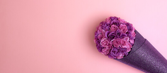 Glittering violet paper, light and dark purple roses on a light peach background. Text space....