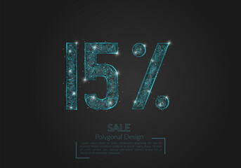 Abstract isolated blue 15 percent sale concept. Polygonal illustration looks like stars in the blask night sky in spase or flying glass shards. Digital design for website, web, internet. © Katsiaryna