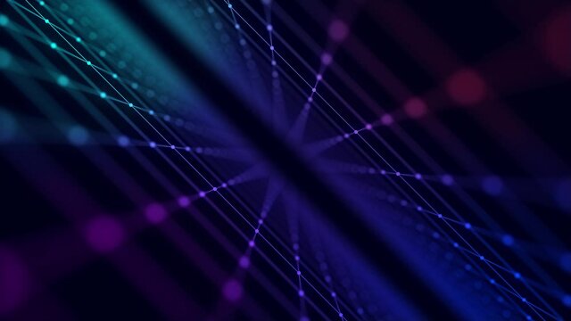 Technology wireframe revolves landscape. Perspective grid. Digital space. Varicoloured mesh on a black background. 3d rendering.